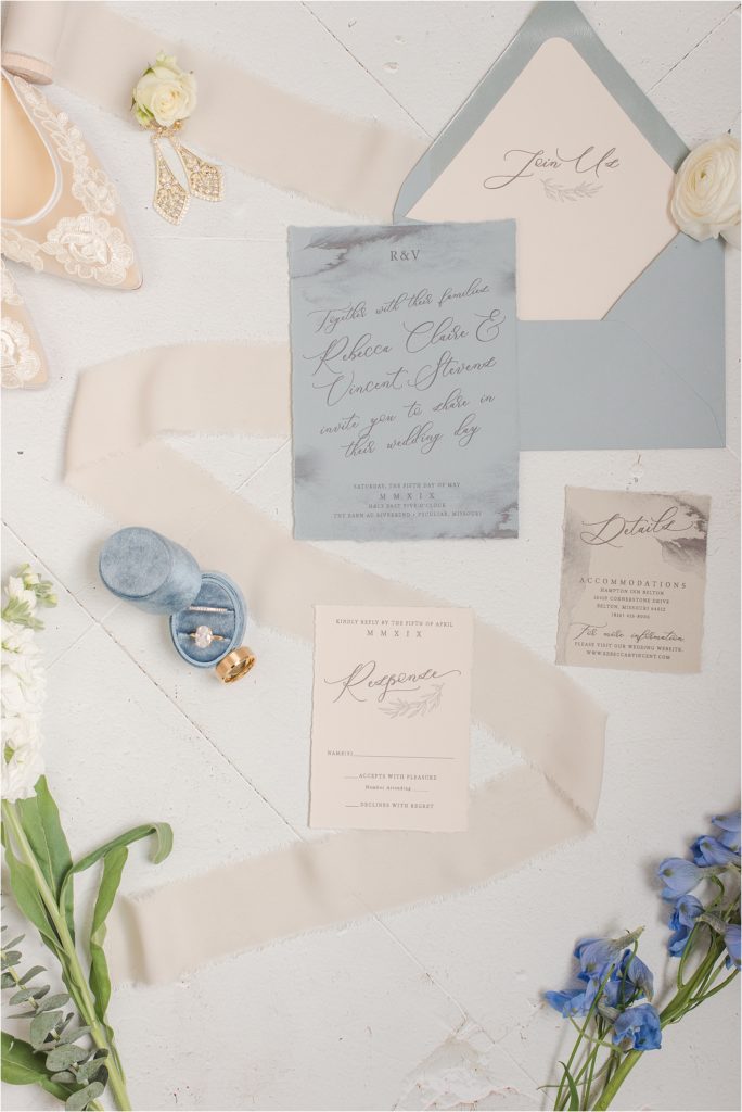 Yellowbrick Graphics dusty blue wedding invitation suite - KC Missouri wedding photographer 