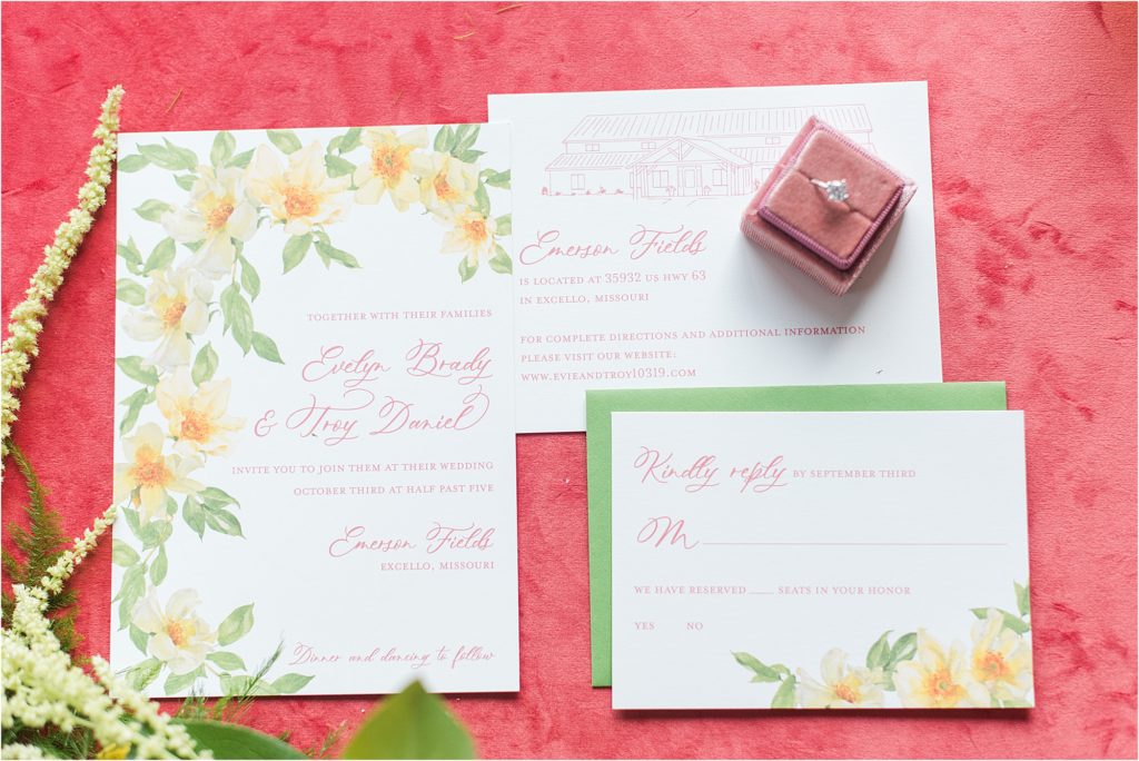 Green and pink Floral wedding invitation - Emerson fields spring wedding
