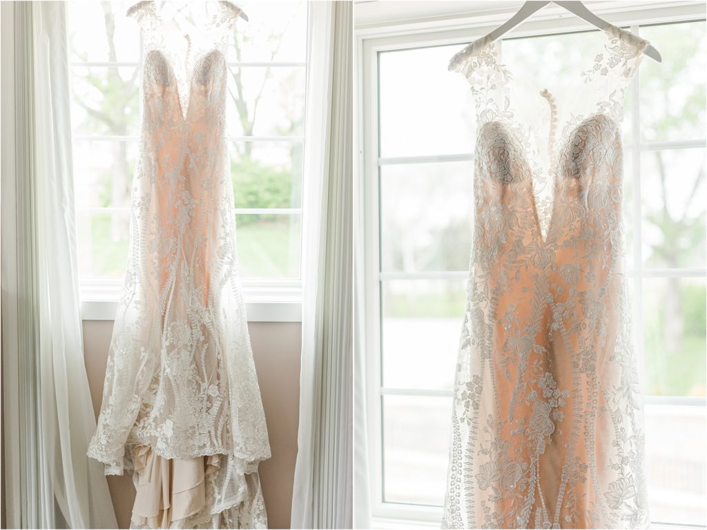 lace illusion neckline dress simple white invitation with greenery Blue and gold wedding inspiration at The Brownstone in Topeka, Kansas | Kelsey Alumbaugh Photography | #weddinginspiration #brownstoneTopeka #Springwedding #summerwedding #bluegoldwedding 