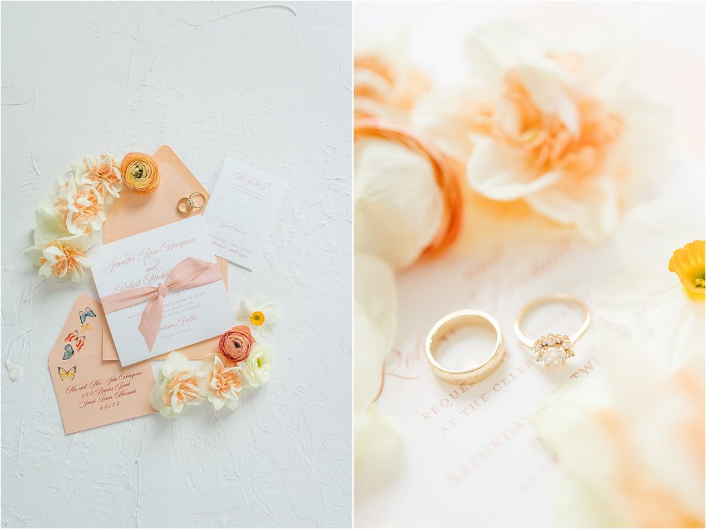 pink envelope invitation and gold wedding ring Micro Wedding Inspiration at Emerson Fields | Kelsey Alumbaugh Photography | #microwedding #emersonfields #microweddingkc #kcwedding #kcweddingphotographer
