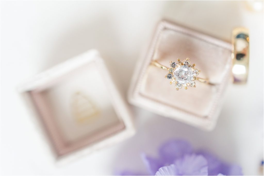 gold engagement ring pink mrs box Micro Wedding Inspiration at Emerson Fields | Kelsey Alumbaugh Photography | #microwedding #emersonfields #microweddingkc #kcwedding #kcweddingphotographer