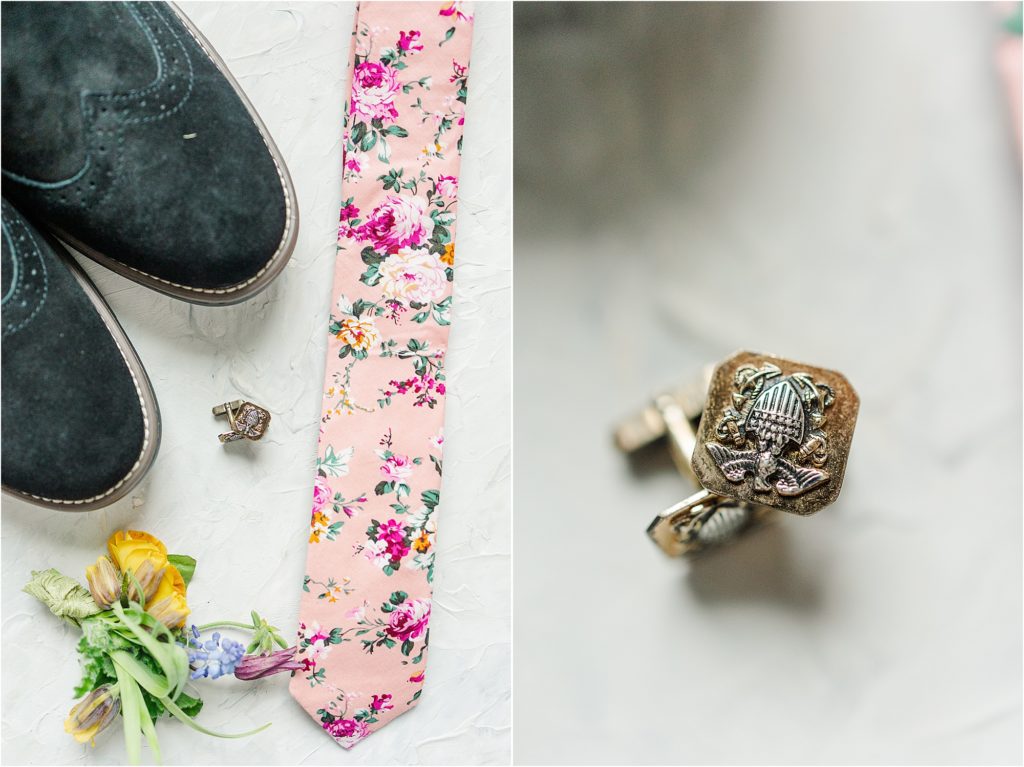 pink floral tie cufflinks Micro Wedding Inspiration at Emerson Fields | Kelsey Alumbaugh Photography | #microwedding #emersonfields #microweddingkc #kcwedding #kcweddingphotographer