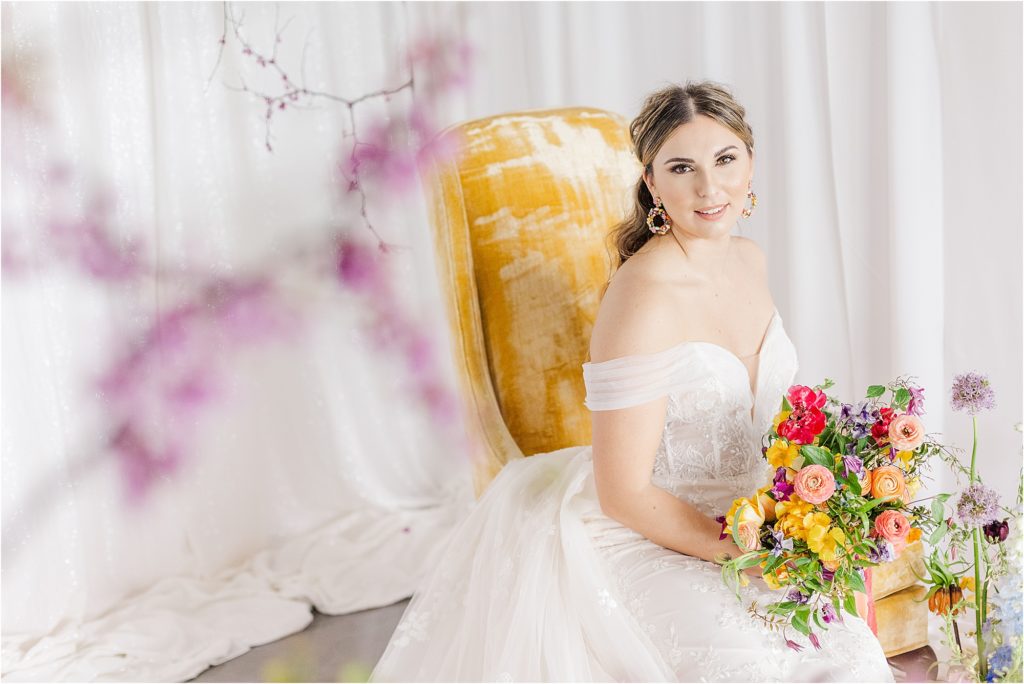 spring bridal portraits bright colorful bouquet Micro Wedding Inspiration at Emerson Fields | Kelsey Alumbaugh Photography | #microwedding #emersonfields #microweddingkc #kcwedding #kcweddingphotographer