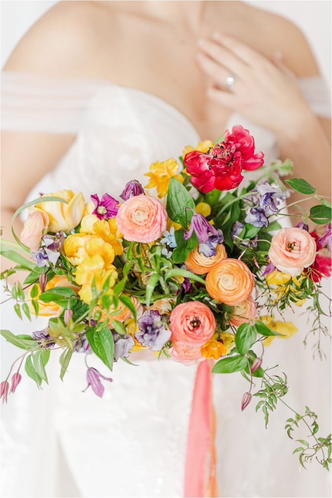 colorful bridal bouquet Micro Wedding Inspiration at Emerson Fields | Kelsey Alumbaugh Photography | #microwedding #emersonfields #microweddingkc #kcwedding #kcweddingphotographer