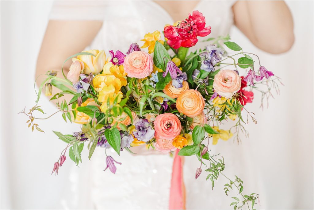 bright colorful bridal bouquet Micro Wedding Inspiration at Emerson Fields | Kelsey Alumbaugh Photography | #microwedding #emersonfields #microweddingkc #kcwedding #kcweddingphotographer