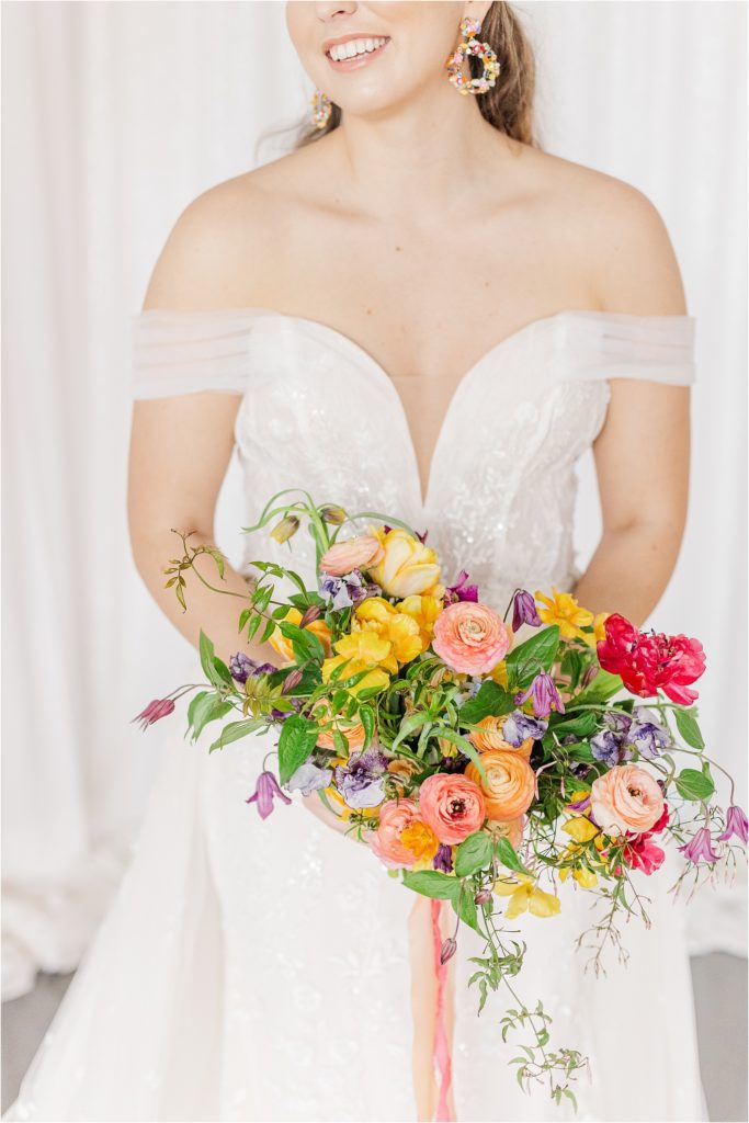  bright colorful bridal bouquet Micro Wedding Inspiration at Emerson Fields | Kelsey Alumbaugh Photography | #microwedding #emersonfields #microweddingkc #kcwedding #kcweddingphotographer