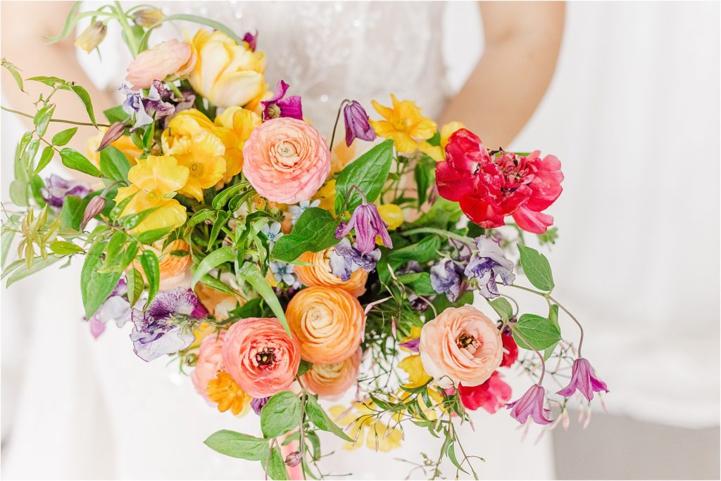 spring colorful bright bridal bouquet Micro Wedding Inspiration at Emerson Fields | Kelsey Alumbaugh Photography | #microwedding #emersonfields #microweddingkc #kcwedding #kcweddingphotographer