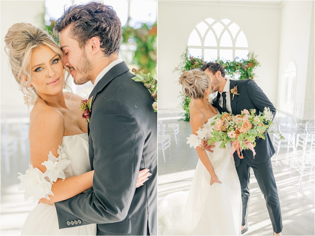 bride and groom nuzzling. bride in off the shoulder white wedding gown kissing groom in black tux in aisle at Westwind Hills Westwind Hills luxury wedding inspiration | Kelsey Alumbaugh Photography | #weddinginspiration #luxurywedding #stlouisweddingphotography #stlwedding #styledshootsacrossamerica