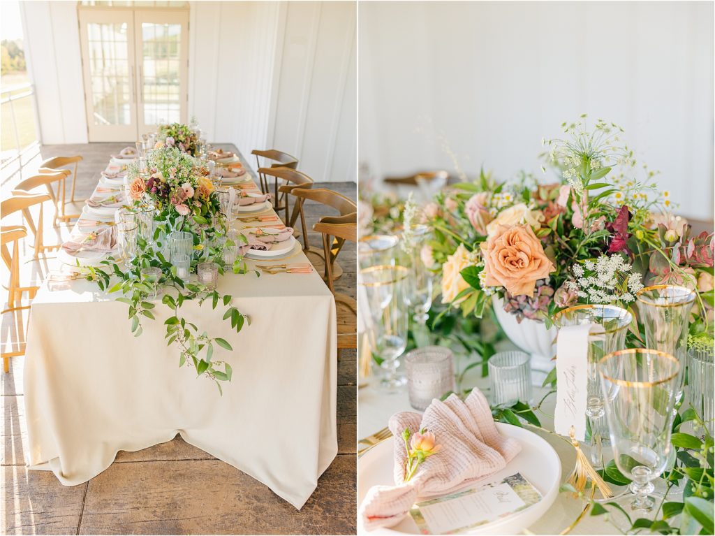 Outdoor head table with natural wooden chairs and full place settings Westwind Hills luxury wedding inspiration | Kelsey Alumbaugh Photography | #weddinginspiration #luxurywedding #stlouisweddingphotography #stlwedding #styledshootsacrossamerica