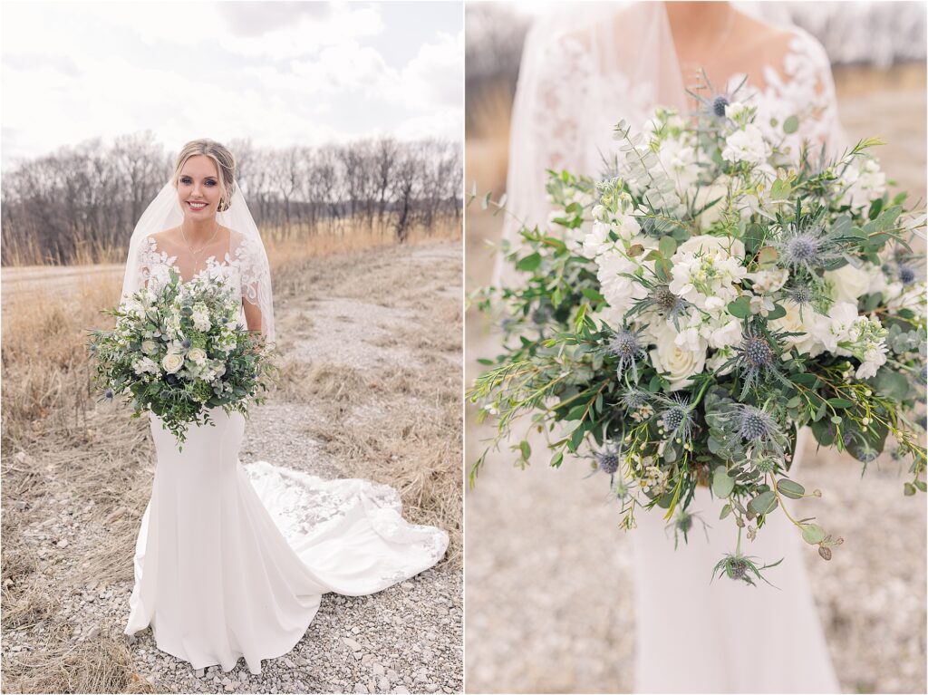 bridal portraits with white and blue bouquet with tons of greenery at Eagle Bluff Ranch, Waverly, Mo - Haylee + Blake | Missouri River spring wedding | Kansas City wedding photographer | Kelsey Alumbaugh Photogrpahy | #kansascitywedding #missouriweddingphotographer #missourispringwedding