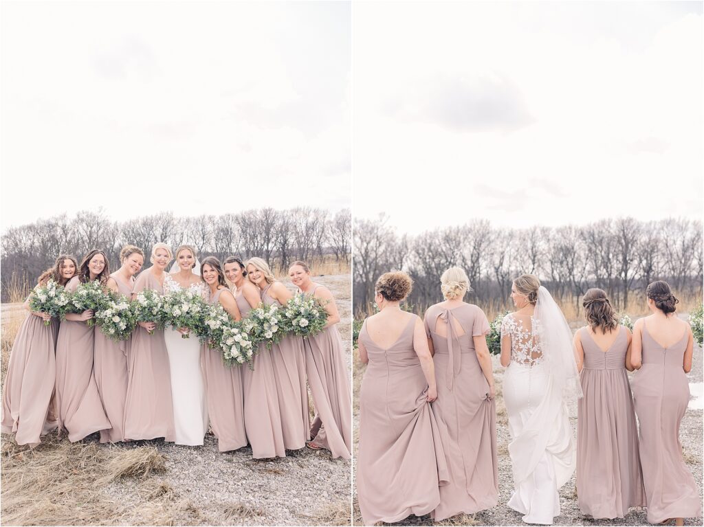 bride with bridesmaids in taupe dresses portraits with white and blue bouquets with tons of greenery at Eagle Bluff Ranch, Waverly, Mo - Haylee + Blake | Missouri River spring wedding | Kansas City wedding photographer | Kelsey Alumbaugh Photogrpahy | #kansascitywedding #missouriweddingphotographer #missourispringwedding