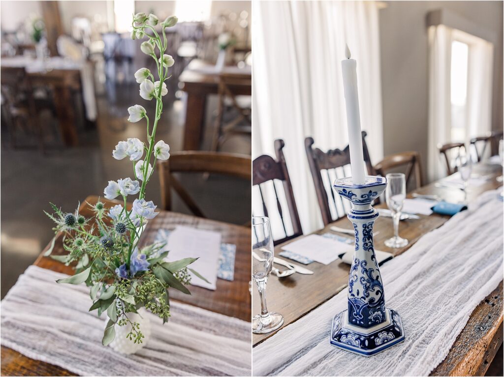 Blue, white and taupe reception with blue willow vases at Eagle Bluff Ranch, Waverly, Mo - Haylee + Blake | Missouri River spring wedding | Kansas City wedding photographer | Kelsey Alumbaugh Photogrpahy | #kansascitywedding #missouriweddingphotographer #missourispringwedding