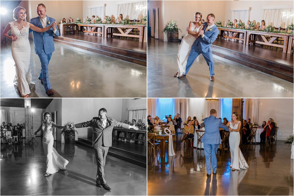 bride and groom first dance Blue, white and taupe reception with blue willow vases at Eagle Bluff Ranch, Waverly, Mo - Haylee + Blake | Missouri River spring wedding | Kansas City wedding photographer | Kelsey Alumbaugh Photogrpahy | #kansascitywedding #missouriweddingphotographer #missourispringwedding